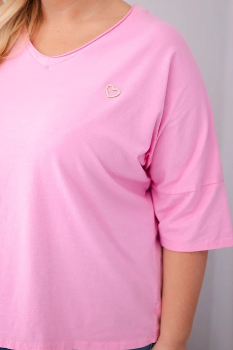Bluzka damska bawełniana oversize Plus Size z dekoltem V jasno różowa