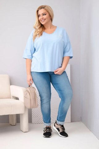 Bluzka damska bawełniana oversize Plus Size z dekoltem V niebieska