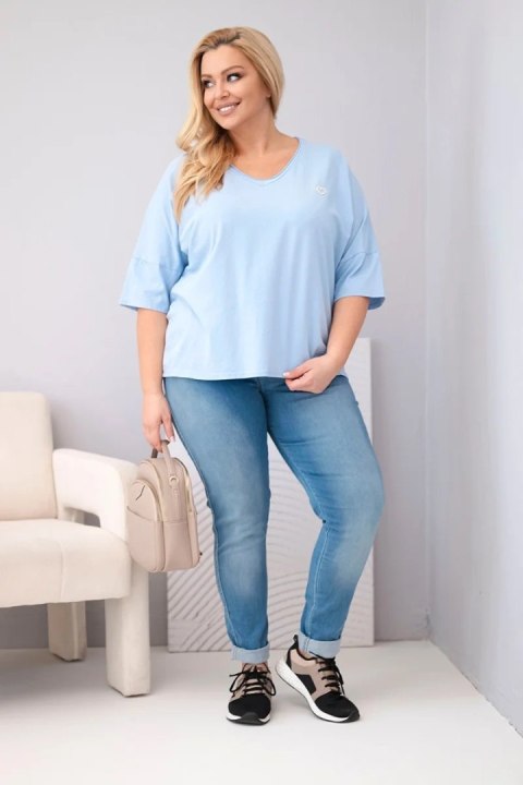 Bluzka damska bawełniana oversize Plus Size z dekoltem V niebieska