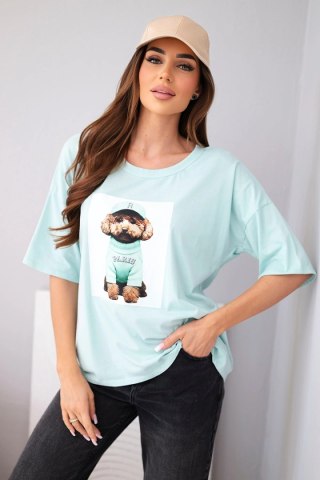 Bluzka damska bawełniana oversize z krótkim rękawem i nadrukiem miętowa