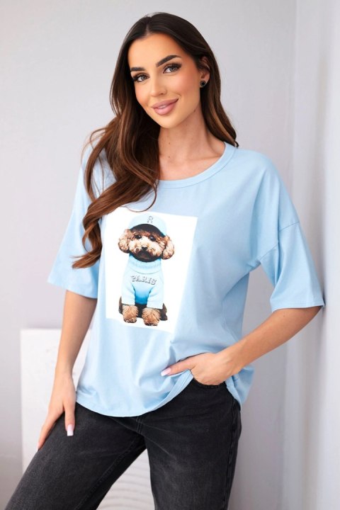 Bluzka damska bawełniana oversize z krótkim rękawem i nadrukiem niebieska