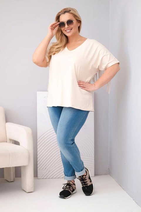 Bluzka damska bawełniana z dekoltem V i frędzlami na plecach beżowa