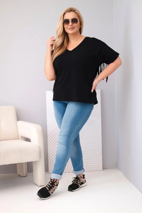 Bluzka damska bawełniana z dekoltem V i frędzlami na plecach czarna