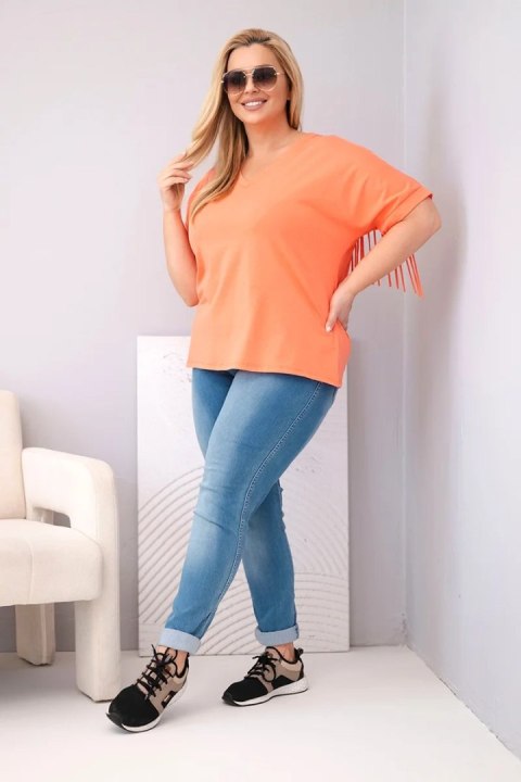 Bluzka damska bawełniana z dekoltem V i frędzlami na plecach łososiowa