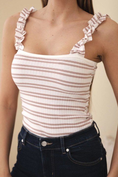 Bluzka damska prążkowana w paski na ramiączkach z falbanką ciemno różowa