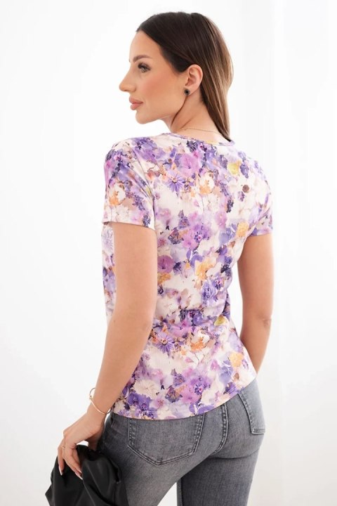 Bluzka damska wiskozowa prążkowana z kwiatowym nadrukiem fioletowa