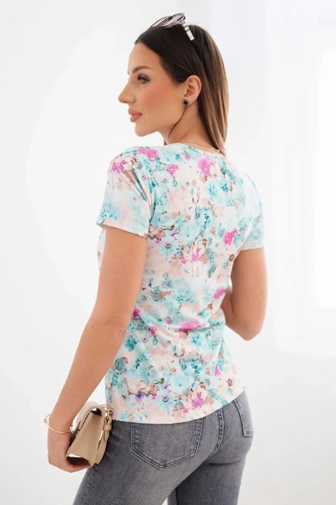 Bluzka damska wiskozowa prążkowana z kwiatowym nadrukiem miętowa