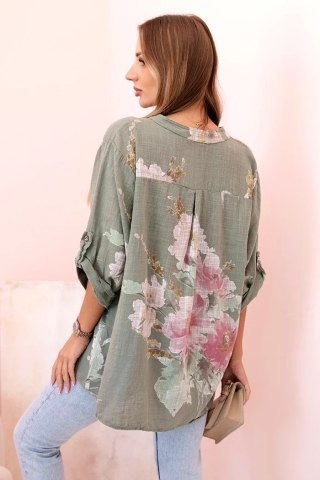 Bluzka damska z bawełny z kwiatowym wzorem i guzikami khaki