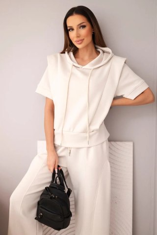 Komplet damski masełkowy bluza z kapturem i luźne spodnie z wiązaniem beżowy