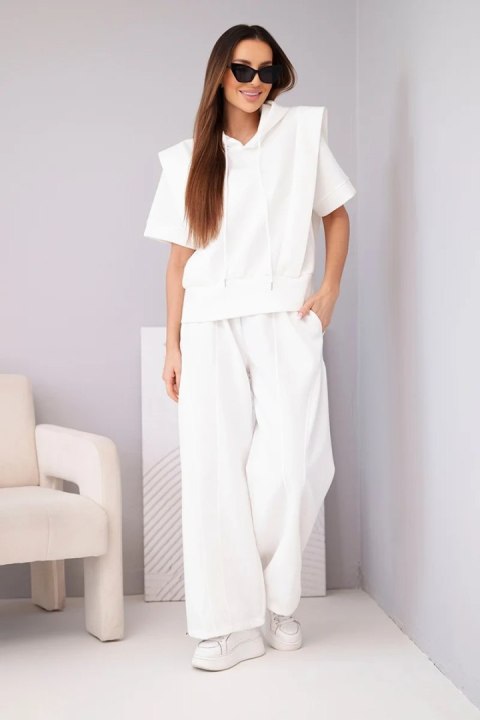 Komplet damski masełkowy bluza z kapturem i luźne spodnie z wiązaniem ecru