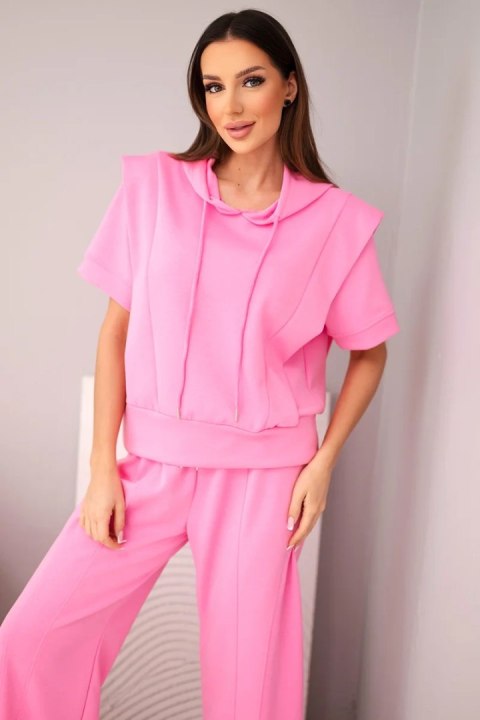 Komplet damski masełkowy bluza z kapturem i luźne spodnie z wiązaniem jasny różowy