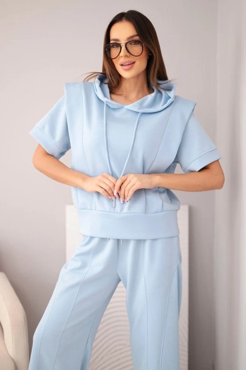 Komplet damski masełkowy bluza z kapturem i luźne spodnie z wiązaniem niebieski