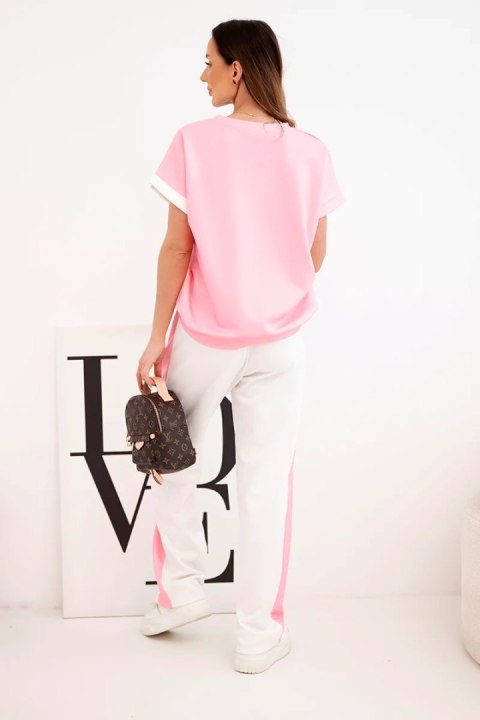 Komplet damski masełkowy z bluzą oversize i szerokimi spodniami jasny różowy + biały