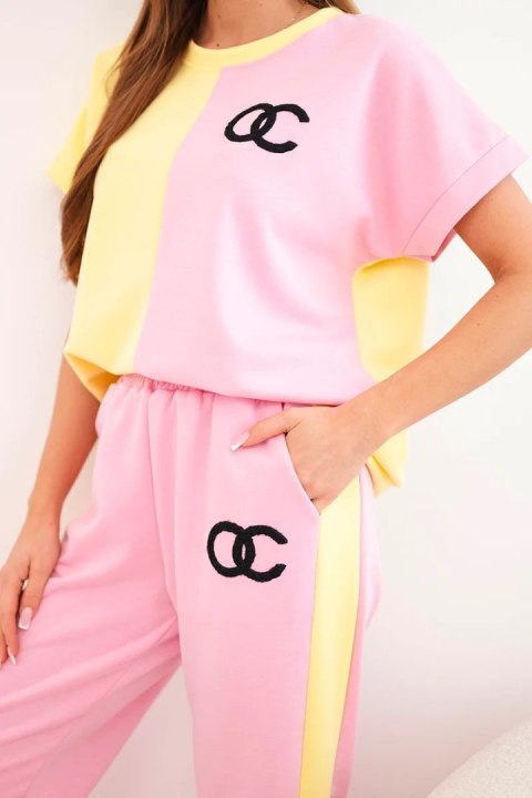 Komplet damski masełkowy z bluzą oversize i szerokimi spodniami jasny różowy + żółty