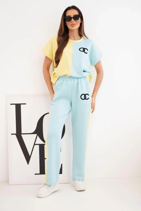 Komplet damski masełkowy z bluzą oversize i szerokimi spodniami żółty + miętowy