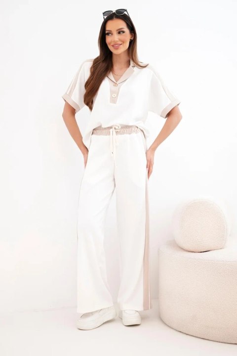 Komplet damski masełkowy z bluzą polo i szerokimi spodniami beżowy