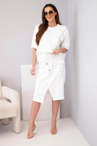 Komplet damski masełkowy z bluzką i spódnicą midi ecru