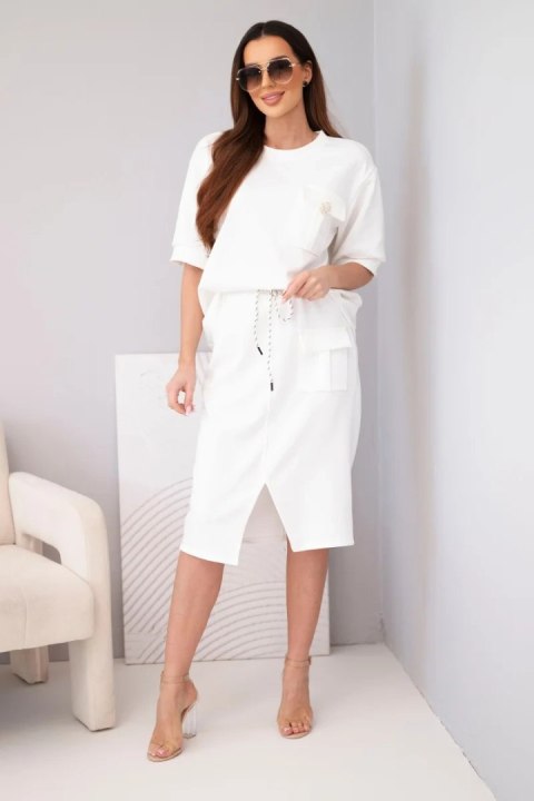 Komplet damski masełkowy z bluzką i spódnicą midi ecru