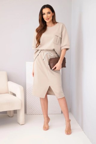 Komplet damski masełkowy z bluzką i spódnicą midi fango