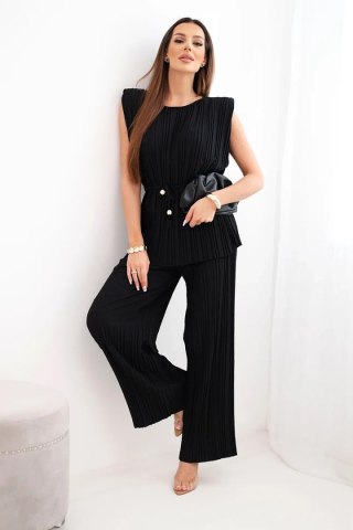 Komplet damski wiskozowy plisowany z wiązaną bluzką i szerokimi spodniami czarny