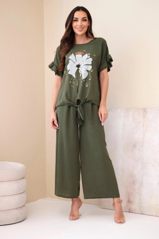 Komplet damski wiskozowy z bluzką z nadrukiem i spodniami khaki