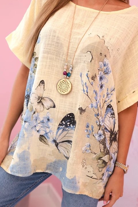 Koszula damska bawełniana w motyle i kwiaty żółta