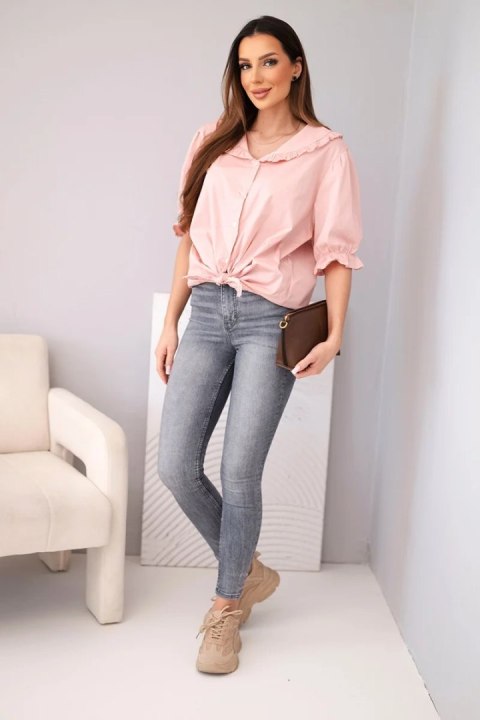Koszula damska bawełniana z falbanką i wiązaniem pudrowy róż