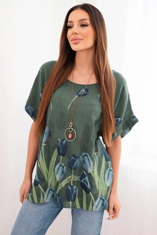 Koszula damska bawełniana z kwiatowym wzorem ciemne khaki