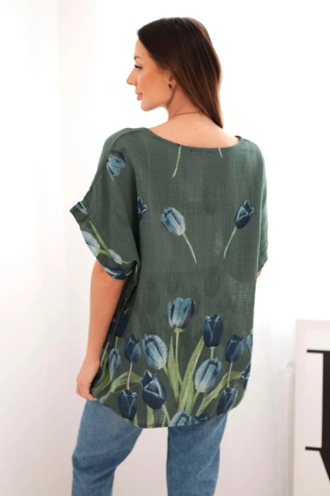 Koszula damska bawełniana z kwiatowym wzorem ciemne khaki