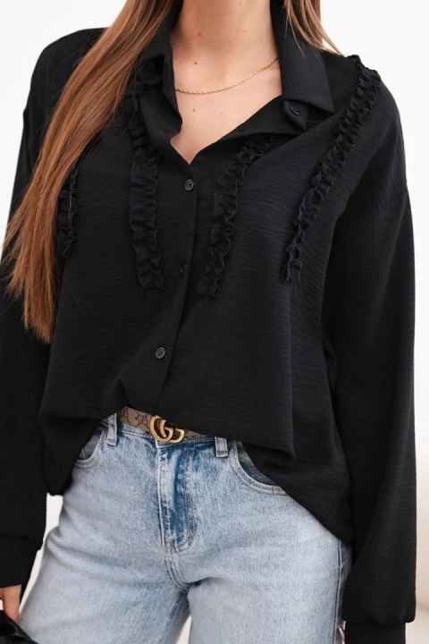 Koszula damska wiskozowa z długim rękawem i falbanami czarna