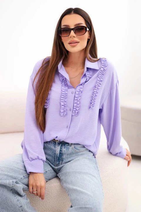 Koszula damska wiskozowa z długim rękawem i falbanami jasno fioletowa