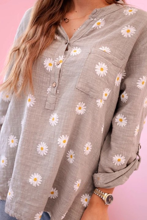 Lniana damska bluzka w kwiaty z długim rękawem i guzikami cappuccino