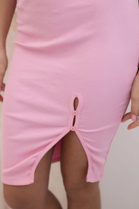 Spódnica damska bawełniana prążkowana z rozcięciem i ozdobnymi guzikami jasno różowa