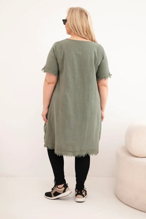 Sukienka damska bawełniana Plus Size z dłuższym tyłem i kieszenią khaki