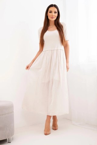 Sukienka damska bawełniana midi z krótkim rękawem i rozkloszowanym dołem beżowa