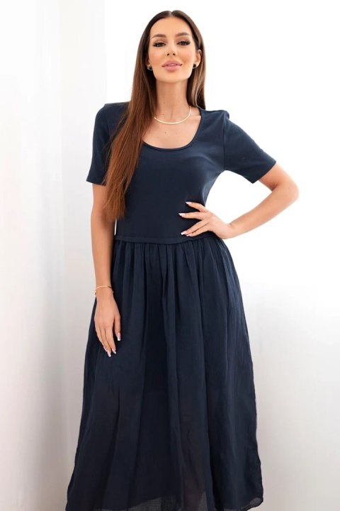 Sukienka damska bawełniana midi z krótkim rękawem i rozkloszowanym dołem granatowa