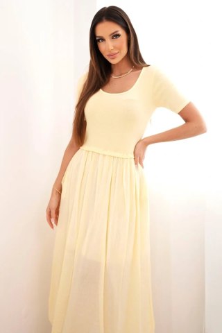 Sukienka damska bawełniana midi z krótkim rękawem i rozkloszowanym dołem żółta
