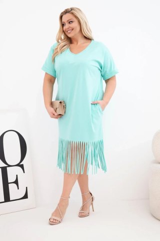 Sukienka damska bawełniana z dekoltem V i frędzlami na dole miętowa