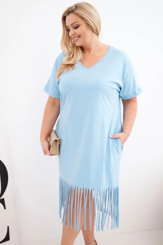 Sukienka damska bawełniana z dekoltem V i frędzlami na dole niebieska
