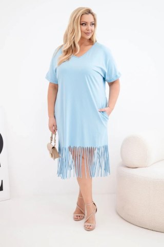 Sukienka damska bawełniana z dekoltem V i frędzlami na dole niebieska