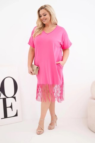Sukienka damska bawełniana z dekoltem V i frędzlami na dole różowa