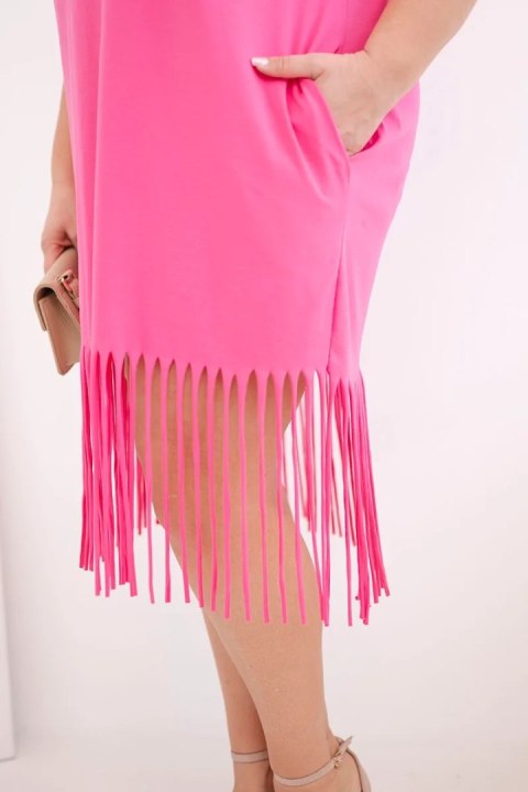 Sukienka damska bawełniana z dekoltem V i frędzlami na dole różowa