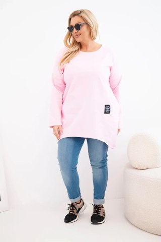 Bluzka damska Plus Size z dłuższym tyłem i długim rękawem cukierkowy róż