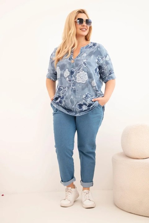 Bluzka damska bawełniana Plus Size w kwiatowy wzór jeansowa
