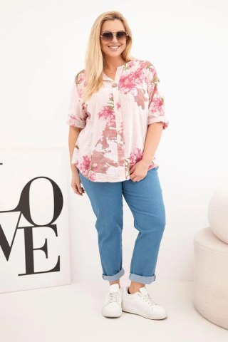 Bluzka damska bawełniana Plus Size z dekoltem V w kwiatowy wzór pudrowy róż