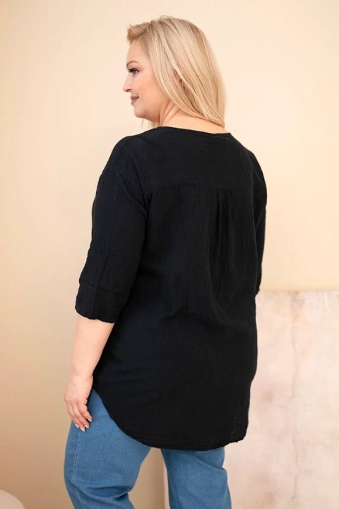 Bluzka damska bawełniana Plus Size z dekoltem na guziki czarna