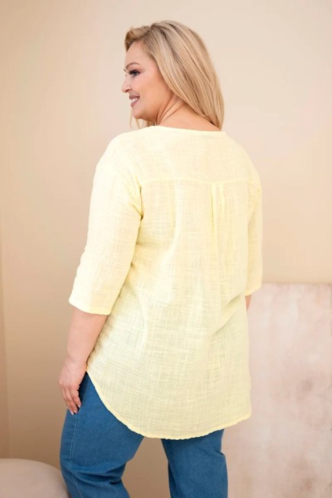 Bluzka damska bawełniana Plus Size z dekoltem na guziki żółta