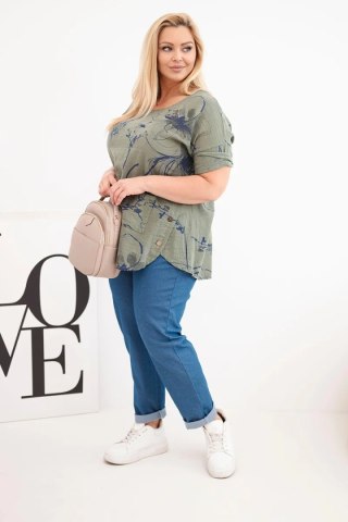 Bluzka damska bawełniana Plus Size z krótkim rękawem i kieszenią khaki