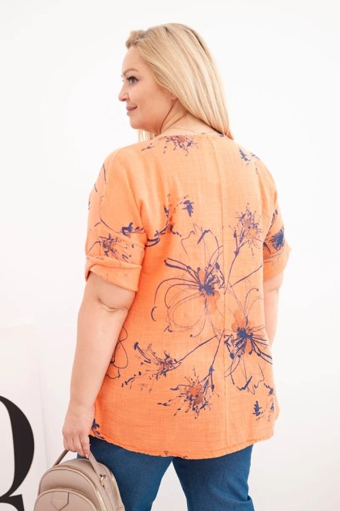 Bluzka damska bawełniana Plus Size z krótkim rękawem i kieszenią pomarańczowa