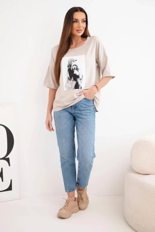 Bluzka damska bawełniana oversize z krótkim rękawem i modnym nadrukiem beżowa